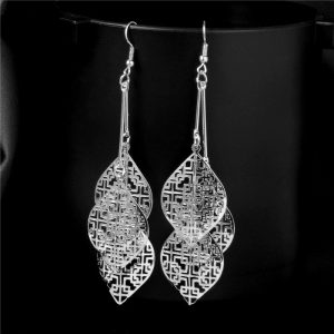 Leaf Shape Square Pattern Drop Earrings - Silver