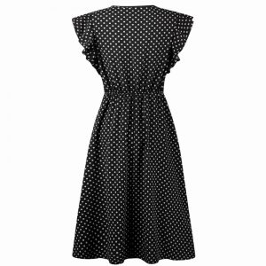 Retro Butterfly Sleeve Polka Dot Dress - Black - Back