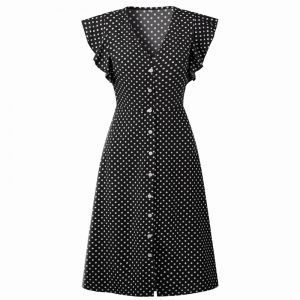 Retro Butterfly Sleeve Polka Dot Dress - Black - Front