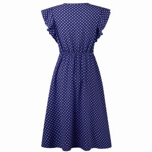 Retro Butterfly Sleeve Polka Dot Dress - Navy Blue - Back