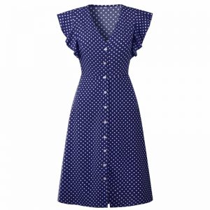 Retro Butterfly Sleeve Polka Dot Dress - Navy Blue - Front