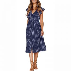 Retro Butterfly Sleeve Polka Dot Dress - Navy Blue - Front - Model
