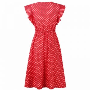 Retro Butterfly Sleeve Polka Dot Dress - Red - Back