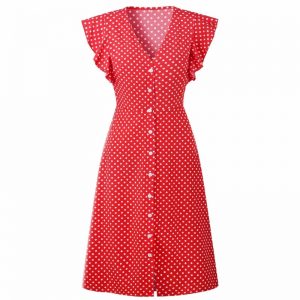 Retro Butterfly Sleeve Polka Dot Dress - Red - Front