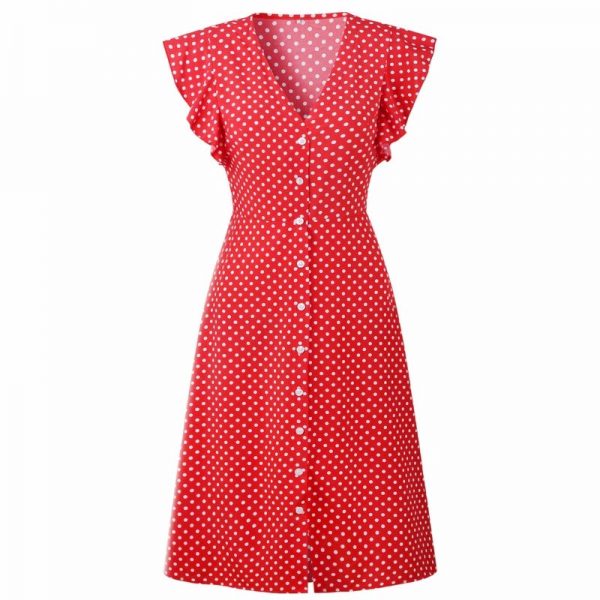 Retro Butterfly Sleeve Polka Dot Dress - Red - Front