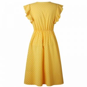 Retro Butterfly Sleeve Polka Dot Dress - Yellow - Back