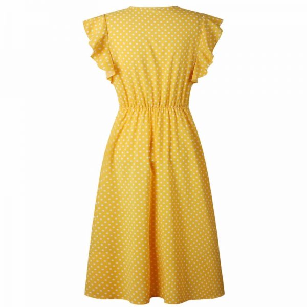 Retro Butterfly Sleeve Polka Dot Dress - Yellow - Back