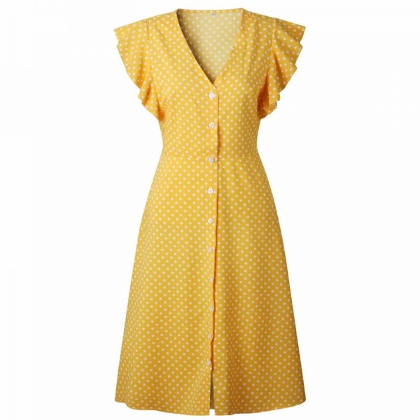 Retro Butterfly Sleeve Polka Dot Dress - Yellow - Front
