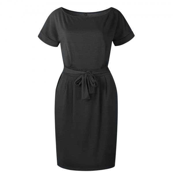 Short Sleeve Boat Neck Casual Pencil Dress - Black - Front
