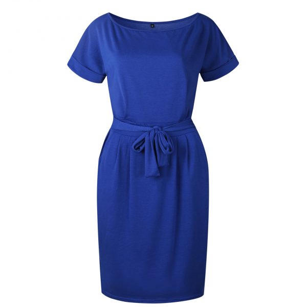 Short Sleeve Boat Neck Casual Pencil Dress - Blue - Front