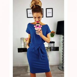 Short Sleeve Boat Neck Casual Pencil Dress - Blue - Front - Model