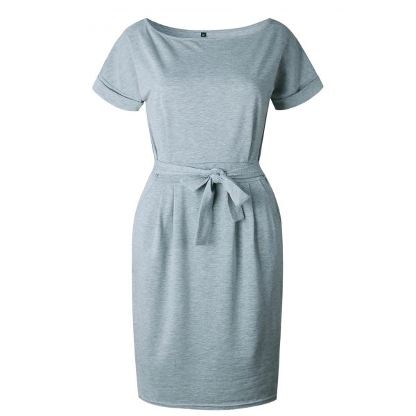 Short Sleeve Boat Neck Casual Pencil Dress - Gray - Front