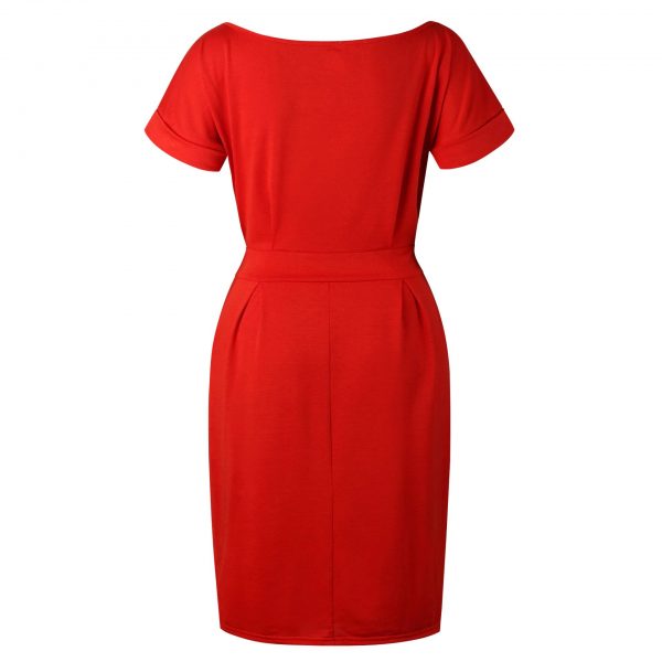 Short Sleeve Boat Neck Casual Pencil Dress - Red - Back