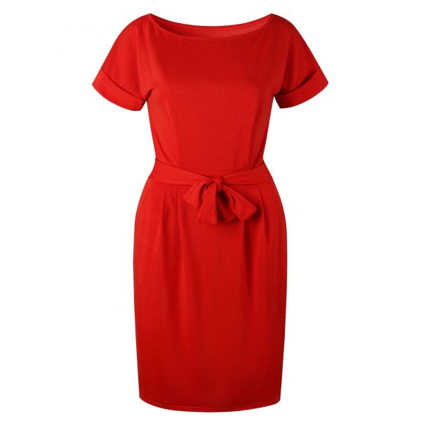 Short Sleeve Boat Neck Casual Pencil Dress - Red - Front