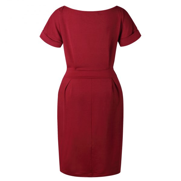 Short Sleeve Boat Neck Casual Pencil Dress - Wine Red - Back