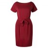 Short Sleeve Boat Neck Casual Pencil Dress - Wine Red - Front