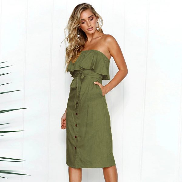 Strapless Summer Safari Dress - Army Green - Front - Model