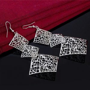 Vintage Square Pendant Drop Earrings - Silver
