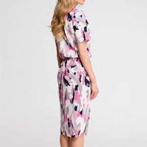 Abstract Short Sleeve Round Neck Casual Dress - Rose - Back - Model