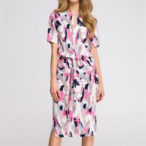 Abstract Short Sleeve Round Neck Casual Dress - Rose - Front - Model