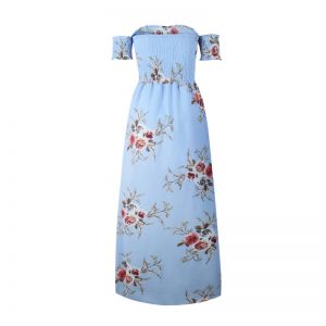 Floral Boho Off Shoulder Summer Maxi Dress - Blue - Back