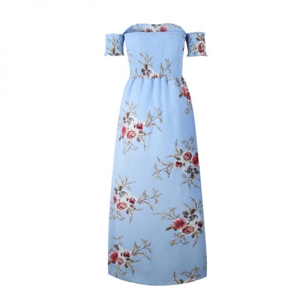 Floral Boho Off Shoulder Summer Maxi Dress - Blue - Back