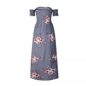 Floral Boho Off Shoulder Summer Maxi Dress - Gray - Back