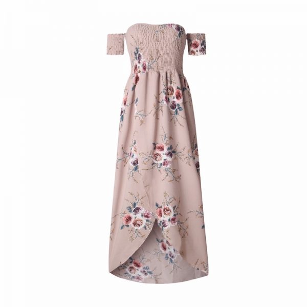 Floral Boho Off Shoulder Summer Maxi Dress - Khaki - Front