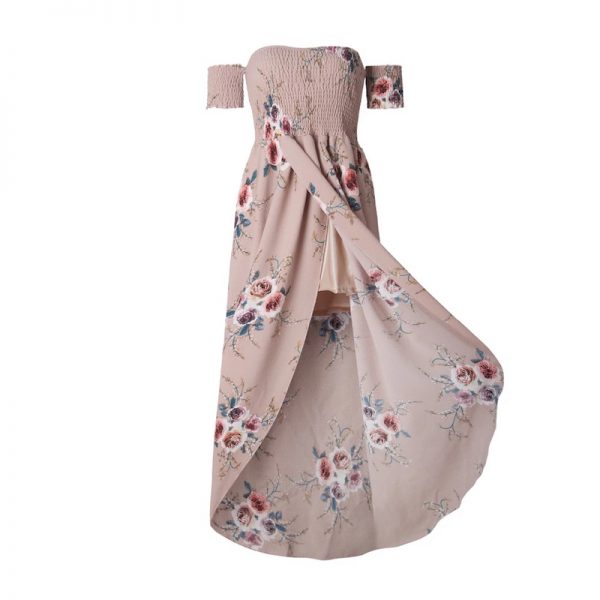 Floral Boho Off Shoulder Summer Maxi Dress - Khaki - Front Split