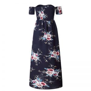 Floral Boho Off Shoulder Summer Maxi Dress - Navy - Back
