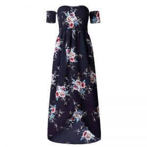 Floral Boho Off Shoulder Summer Maxi Dress - Navy - Front