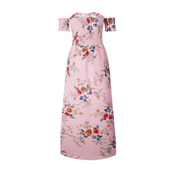 Floral Boho Off Shoulder Summer Maxi Dress - Pink - Back