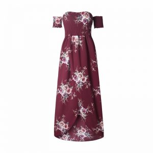 Floral Boho Off Shoulder Summer Maxi Dress - Red - Front