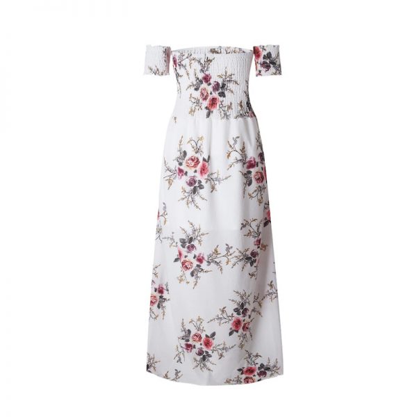 Floral Boho Off Shoulder Summer Maxi Dress - White - Back