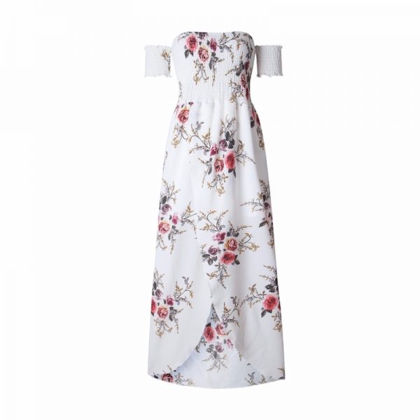Floral Boho Off Shoulder Summer Maxi Dress - White - Front