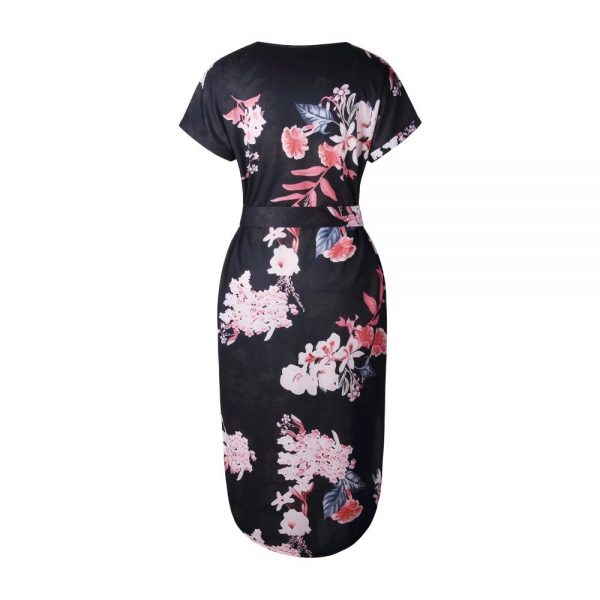 Floral Print Short Sleeve Round Neck Summer Dress - Black - Back