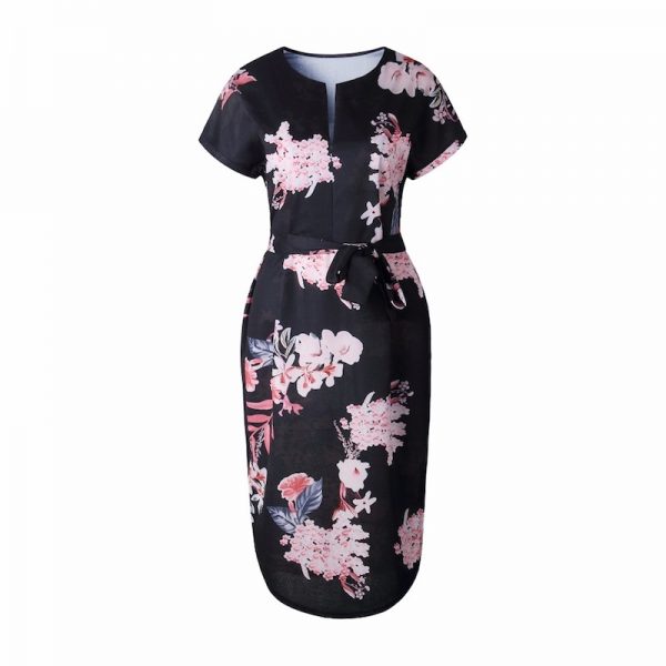 Floral Print Short Sleeve Round Neck Summer Dress - Black - Front