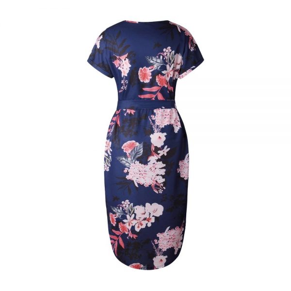 Floral Print Short Sleeve Round Neck Summer Dress - Navy - Back