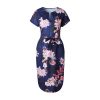 Floral Print Short Sleeve Round Neck Summer Dress - Navy - Front