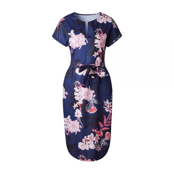 Floral Print Short Sleeve Round Neck Summer Dress - Navy - Front