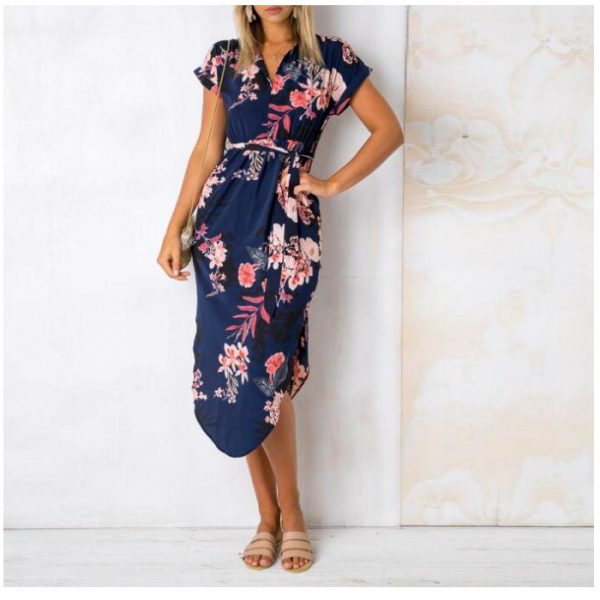 Floral Print Short Sleeve Round Neck Summer Dress - Navy - Front - Model