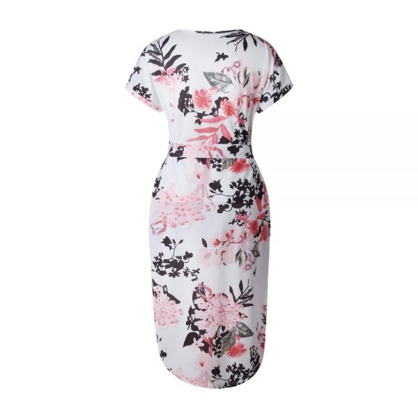 Floral Print Short Sleeve Round Neck Summer Dress - White - Back