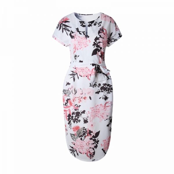 Floral Print Short Sleeve Round Neck Summer Dress - White - Front
