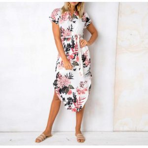 Floral Print Short Sleeve Round Neck Summer Dress - White - Front - Model