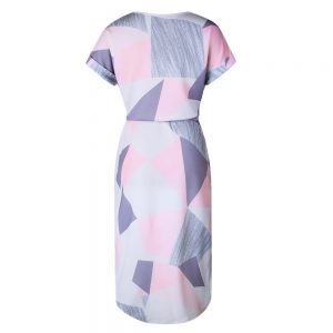 Geometric Print Short Sleeve Round Neck Summer Dress - Pink and Grey Abstract - Back