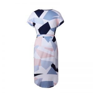 Geometric Print Short Sleeve Round Neck Summer Dress - Pink and Navy Abstract - Back