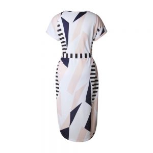 Geometric Print Short Sleeve Round Neck Summer Dress - Pink and Navy Lines - Back